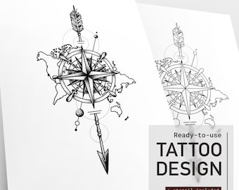 Einzigartig Kompass Tattoo Design Pfeil Tattoo Blitz Weltkarte Illustration Unterarm Tattoo Oberschenkel Tattoo Wadentattoo Schablone Reise Tattoo