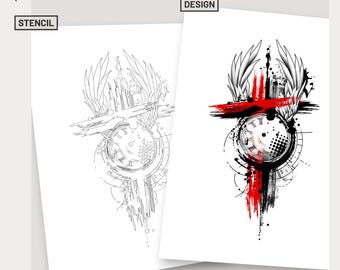 Blackwork religiöses Kreuz Tattoo-Design Gott Tattoo-Kunst moderne christliche Tattoo-Schablone schwarz rote Tattoo-Flügel-Tattoo-Ideen