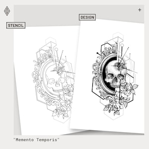 May include: Two stencil designs featuring a skull with a clock and floral elements. One is a line drawing, the other a detailed design. The text "Memento Temporis" is at the bottom. The word "Stencil" and "Design" are at the top.