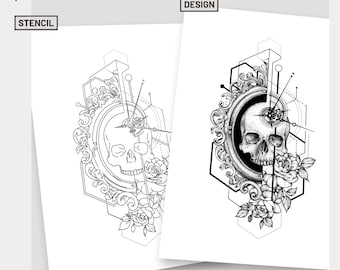 Rosen und Totenkopf Tattoo Design mit Infinity Clock Tattoo Schablone