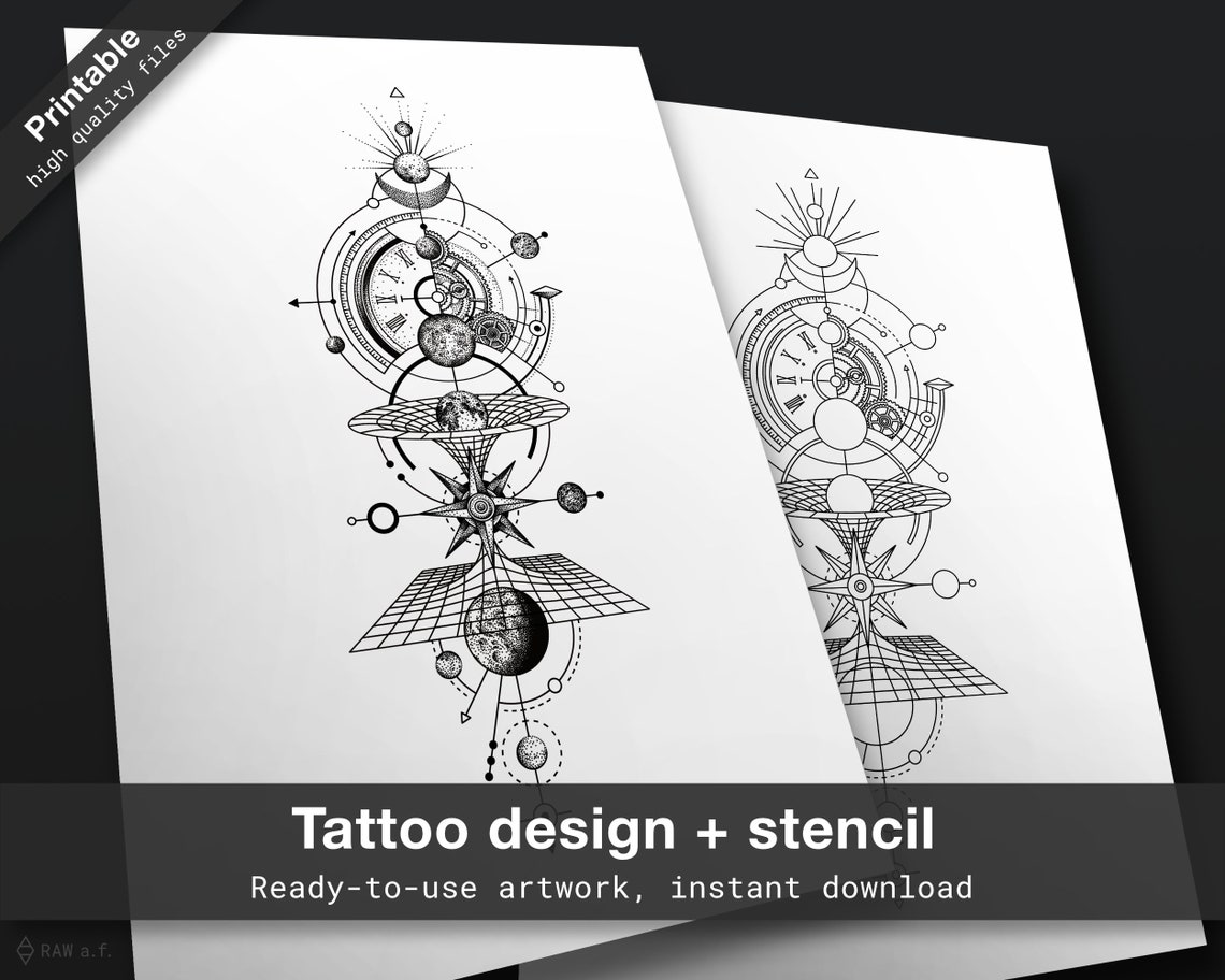 Time and Space Tattoo Design With Stencil Forearm Half Sleeve Tattoo