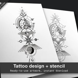 Time and space tattoo design with stencil - forearm half sleeve tattoo geometric dotwork tattoo ready to use tattoo flash and tattoo stencil