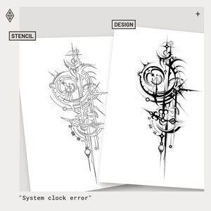 Peut inclure: Deux modèles de pochoirs en noir et blanc sur papier blanc. L'un est étiqueté "Stencil" et l'autre "Design". Les motifs présentent des motifs complexes d'horlogerie et géométriques. Le texte "System clock error" est en bas.
