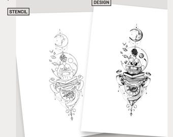 Spiritueel tattoo-ontwerp, halve maan tattoo-kunst, natuur, zen tattoo-sjabloon, yoga tattoo-ideeën, vrouwelijke tattoos voor vrouwen