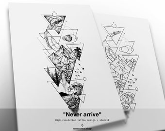 Travel wanderlust tattoo design "Never arrive" / Custom tattoo, compass tattoo, travel tattoo, nature tattoo, mountain tattoo