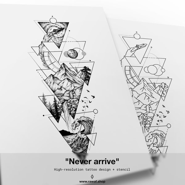 Travel wanderlust tattoo design "Never arrive" / Custom tattoo, compass tattoo, travel tattoo, nature tattoo, mountain tattoo