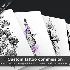 May include: Four different custom tattoo designs, each with a unique theme. The designs include a compass with a cardinal, a rocket ship with planets, a skull with flowers, and a collection of famous landmarks. The text "Fixed price Unlimited revisions included!" and "Custom tattoo commission Get your tattoo designed by a professional tattoo designer!" is displayed at the top and bottom of the image.