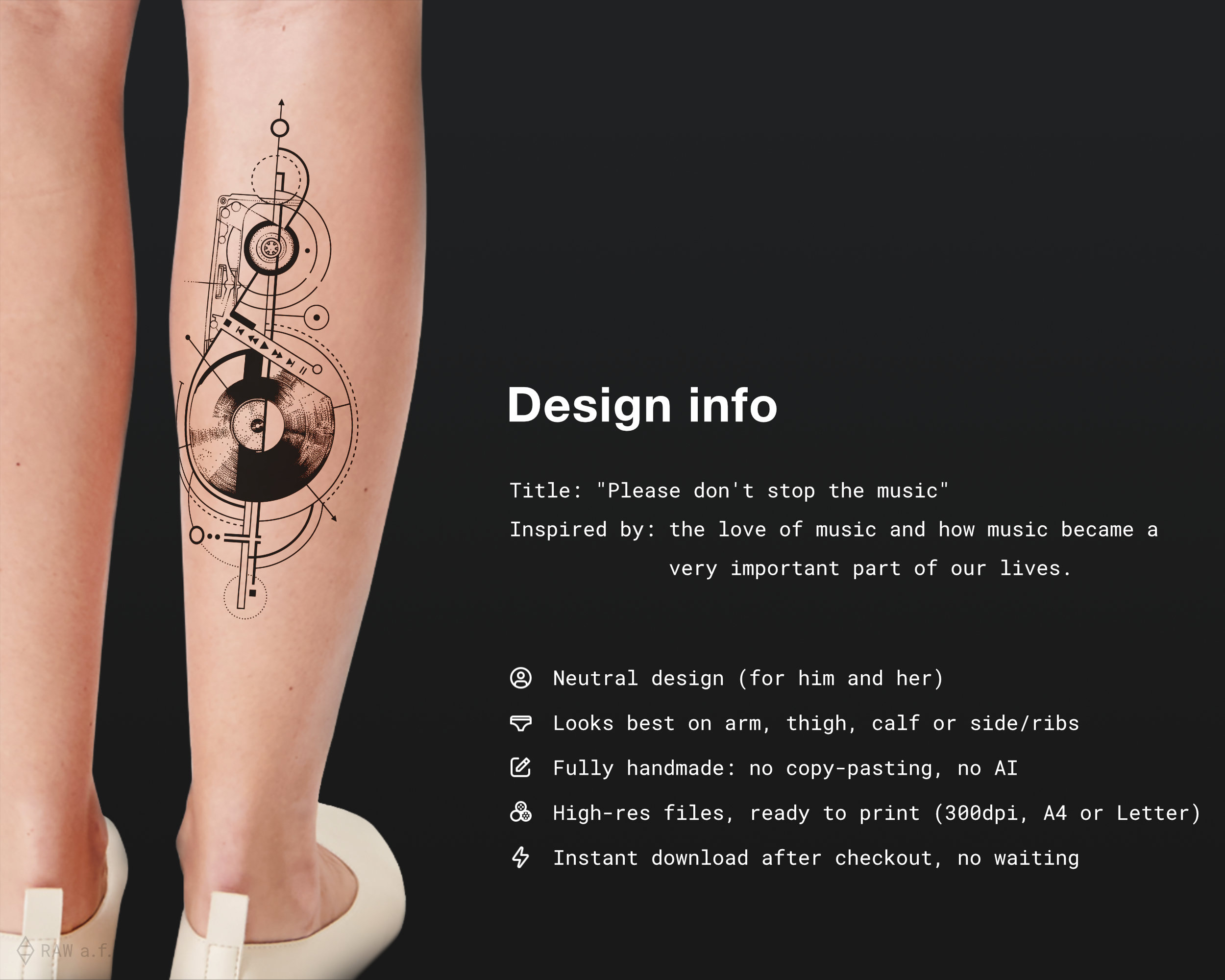 タトゥーデザイン「音楽を止めないで」 / ドットワーク幾何学模様音楽