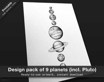Design pack of 9 planets - Solar system drawing planets tattoo design pack planets illustration space design ready to use tattoo galaxy