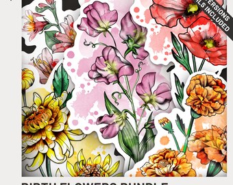 Professionelles Geburtsblumen-Bundle - 24 Blumen und Schablonen inklusive / Floral Tattoo Design Aquarell Tattoo Flash Farbe Tattoo Ideen