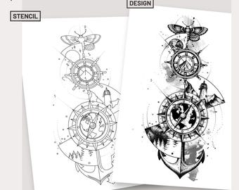 Fernweh Tattoo-Design individuell handbemalt Kompass Tattoo Schablonen Kompass Reise Tattoo Vorlage