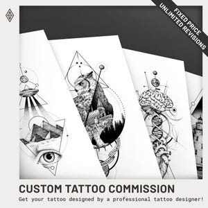 May include: Black and white illustrations of custom tattoo designs. The designs include an owl, a brain with DNA, a UFO, and an eye. The text reads "CUSTOM TATTOO COMMISSION" and "Get your tattoo designed by a professional tattoo designer!"