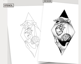 Herz gehirn Tattoo Herz Herz gegen gehirn Kunst benutzerdefinierte Tattoo Zeichnung schwarz Tattoo Blitz Unterarm Tattoo Schablone