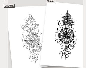 Verwurzelt wie ein Baum benutzerdefinierte Tattoo Design Baum Tattoo Blitz Kompass Tattoo Schablone geometrische Tattoo Kunst