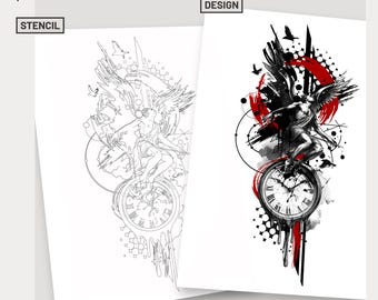 Sub Alis Eius Schutzengel Tattoo Design Trash Polka Tattoo Schablonen Uhr Tattoo Kunst schwarz rot Tattoo Flash