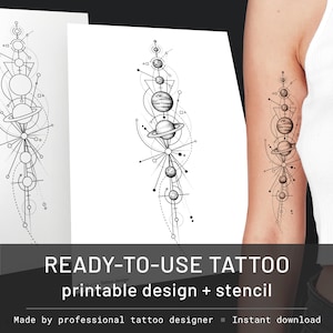 Geometric solar system tattoo design solar system drawing celestial tattoo galaxy tattoo forearm minimalist tattoo astronomy tattoo template