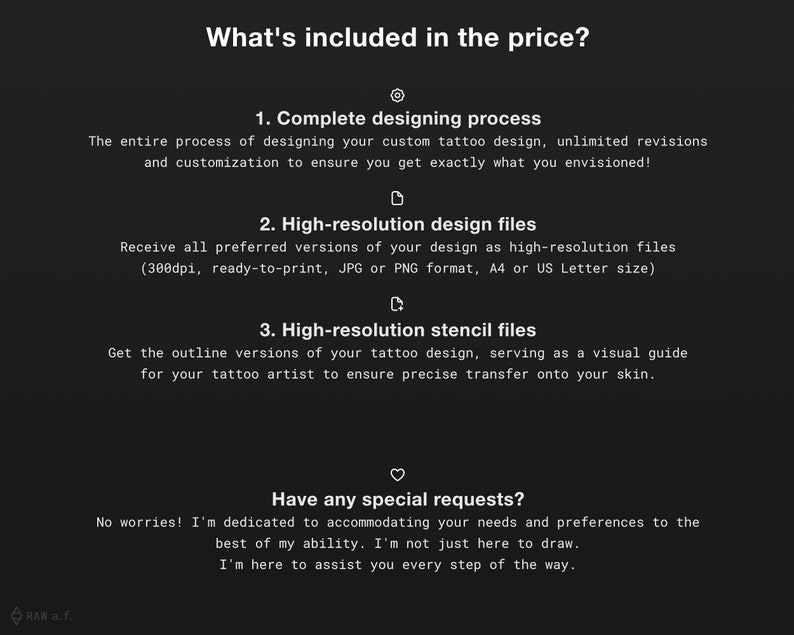 May include: What's included in the price? A graphic with three numbered points describing the process of designing a custom tattoo, including unlimited revisions, high-resolution design files, and high-resolution stencil files. The graphic also includes the text "Have any special requests?" and a message about accommodating needs and preferences.