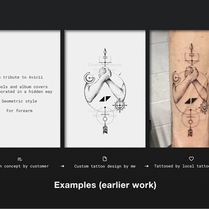 May include: A black and white tattoo design of two hands clasped together, surrounded by geometric shapes and symbols. The design is a tribute to Avicii, with symbols from his album covers incorporated into the design. The text "In tribute to Avicii" is visible at the top of the image.