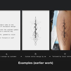 May include: A black and white line art tattoo design of the Rod of Asclepius, a symbol of healing, with a snake wrapped around a staff. The design is in a geometric style and is suitable for a forearm or calf.