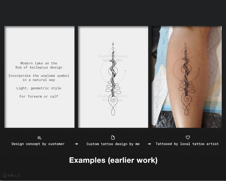 May include: A black and white line art tattoo design of the Rod of Asclepius, a symbol of healing, with a snake wrapped around a staff. The design is in a geometric style and is suitable for a forearm or calf.