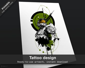 Modern video game tattoo design - Forearm half sleeve tattoo gift gamer tattoo flash ready to use tattoo stencil master chief gamer artwork