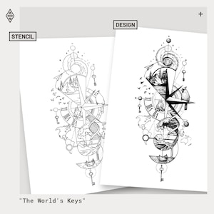 Puede incluir: Dos diseños de plantillas en blanco y negro con ilustraciones intrincadas. Un diseño incluye una brújula, llaves y un paisaje con árboles. El otro diseño tiene un tema similar con una esfera de reloj y un pájaro. El texto dice "The World's Keys".