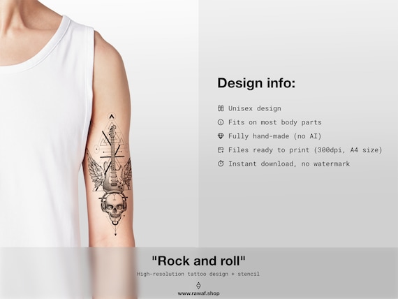 Rock and Roll Music Tattoo Flash With Stencil / Custom Tattoo