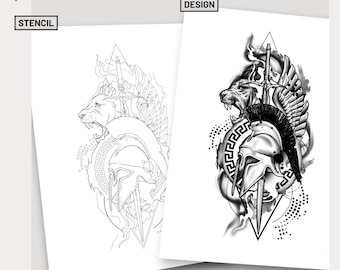 Ich bin ein Krieger Tattoo-Design, spartanische Tattoo Schablone wilde Löwe Tattoo Zeichnung Schwert Tattoo Blitz kraftvolle Tattoo Illustration