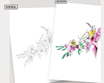 Frisches florales Tattoo mit Kolibri, Aquarell Tattoo bunte Blumen Tattoo Schablone sexy girly Tattoo Design