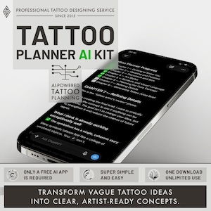 May include: A smartphone displaying a Tattoo Planner AI Kit interface with text including Tattoo Planner Progress, Chapter 7 Refining Details, and Ask ChatGPT. The graphic includes the text Professional Tattoo Designing Service Since 2015 and Transform Vague Tattoo Ideas Into Clear, Artist-Ready Concepts.
