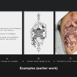 May include: A black and white line drawing of a tattoo design inspired by pre-Colombian art and history. The design features an outline of Colombia with pre-Colombian artwork and patterns. The design is shown in three stages: a design concept, a custom tattoo design, and a tattooed design on a person's arm.