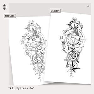May include: Two white paper designs with intricate black line art. One is labeled "Stencil" and the other "Design." The designs feature a globe, compass, and geometric shapes. The phrase "All Systems Go" is at the bottom.