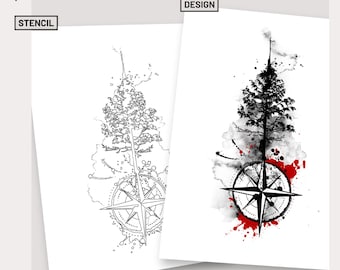 Nördlich von Nirgendwo künstlerischer Kompass Tattoo-Design Baum Tattoo Schablone Wald Tattoo Tinte Stil schwarzes Tattoo Natur Tattoo-Kunst