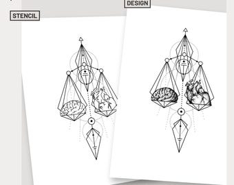 Herz gegen Gehirn Tattoo Schablone, Waage Tattoo Schablone, minimalistische Unterarm Tattoo Illustration, Herz gegen Gehirn