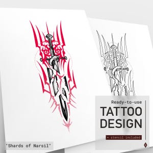 May include: Two tattoo design prints on white paper. One features a red and black illustration of a broken sword with a detailed hilt and blade. The other is a black and white outline of the same design. Text reads "Ready-to-use TATTOO DESIGN + stencil included" and "Shards of Narsil."