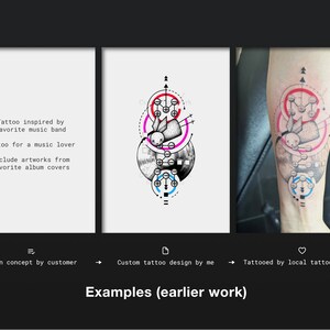 May include: A black and white geometric tattoo design featuring a bunny rabbit with pink and red circles. The design is shown on a white background and on a person's leg.