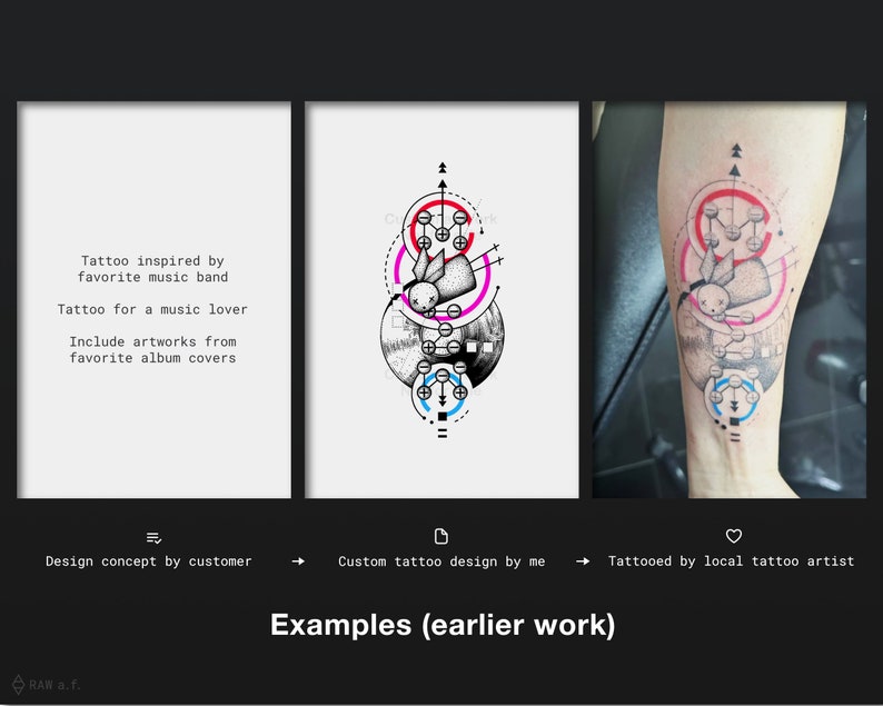 May include: A black and white geometric tattoo design featuring a bunny rabbit with pink and red circles. The design is shown on a white background and on a person's leg.