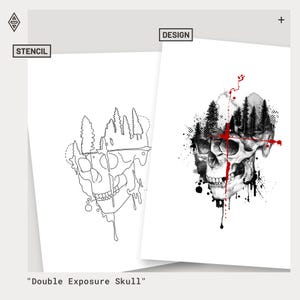 Può includere: Due fogli di carta bianchi con disegni di teschi. Uno è un contorno a stencil, l'altro un disegno dettagliato con un teschio, alberi e accenti rossi. I testi "DESIGN" e "STENCIL" sono visibili. La frase "Double Exposure Skull" è in basso.