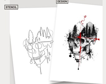 Totenkopf Tinte Tattoo Design dunkler Wald Tattoo Blitz Doppelbelichtung Tattoo Ideen dark Tattoo Blackwork Tattoo