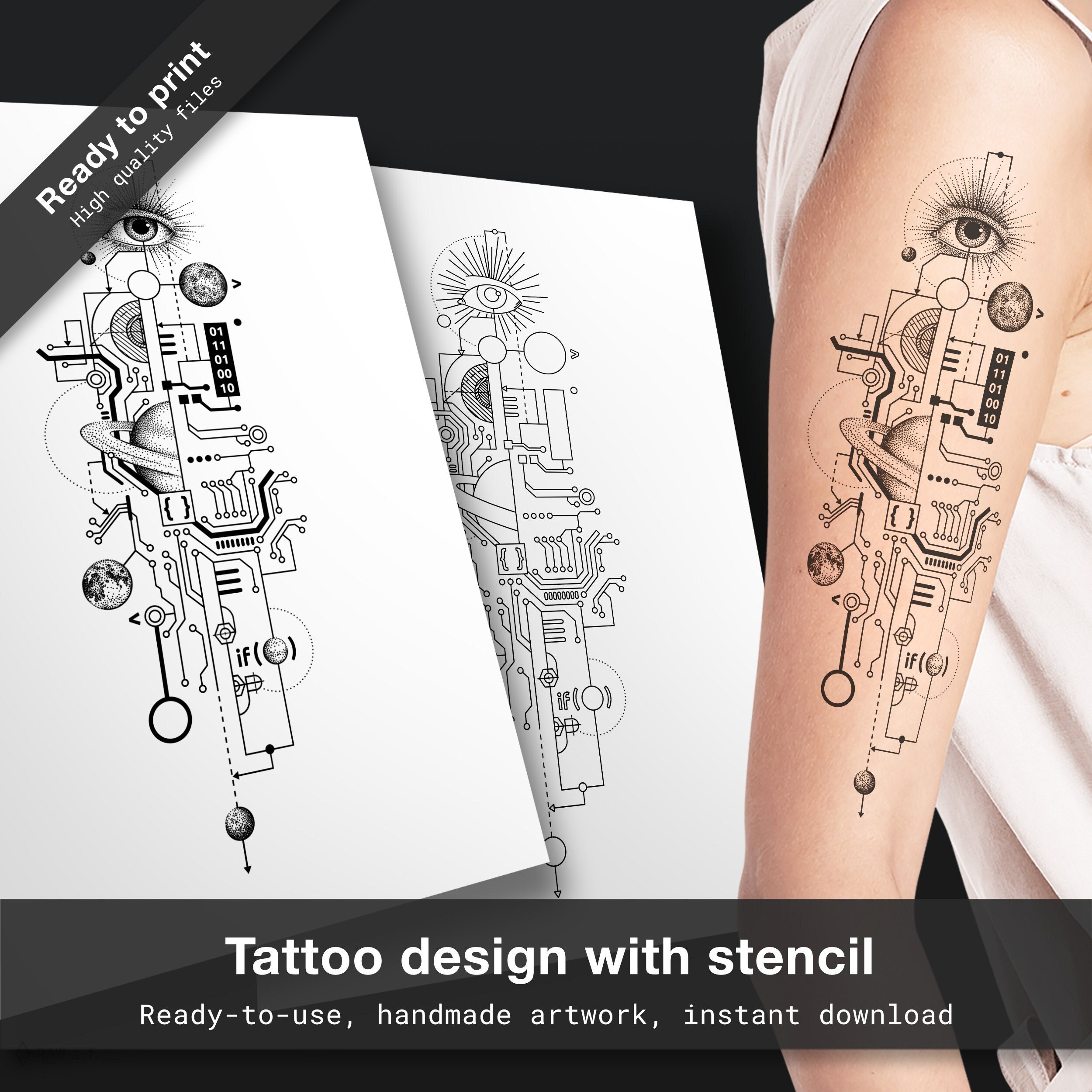 Coding geometric tattoo design, fine line tattoo flash, tech tattoo stencil, geek tattoo, programmer tattoo gift, modern tattoo fineline