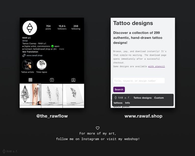 May include: A black and white graphic design of a tattoo with a floral design. The image is a screenshot of a website with the text "RAW a.f. Tattoo designs Custom tattoos Info" and the website address "www.rawaf.shop".