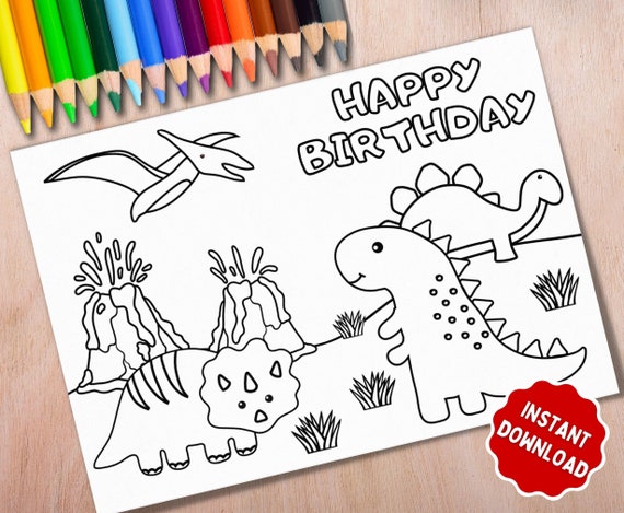 Printable Coloring Birthday Card Dinosaur Happy Birthday | Etsy