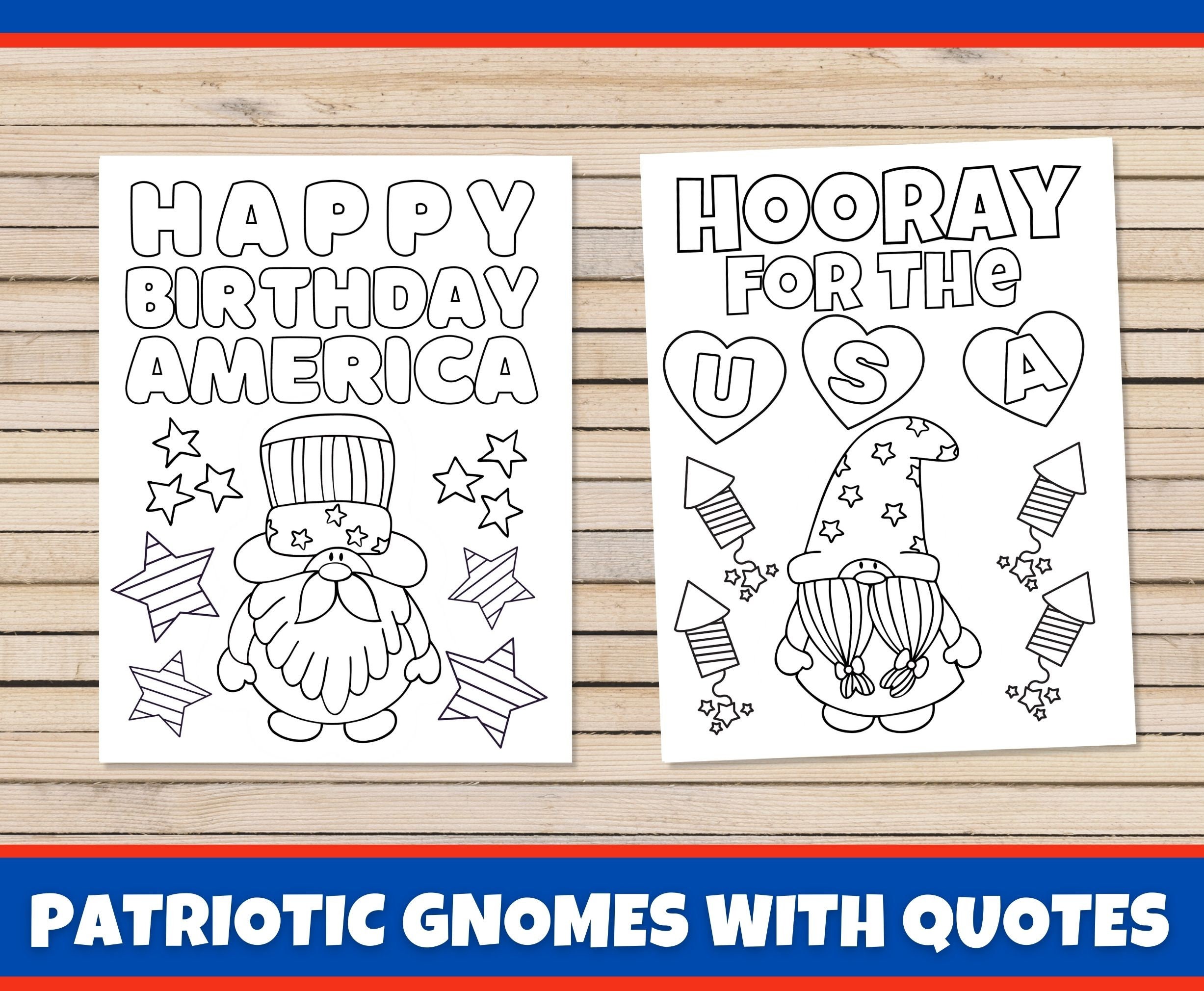 Patriotic Gnome Coloring Pages with Quotes for Kids Printable | Etsy