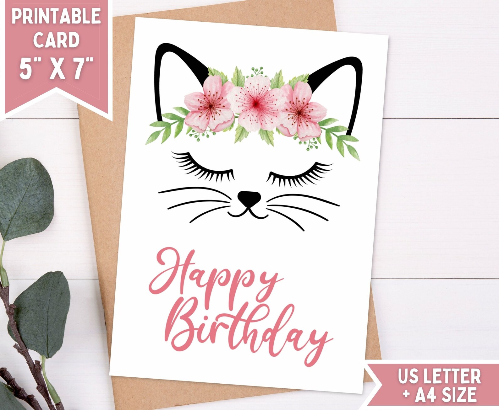Printable Cat Lady Birthday Card Cat With Watercolor Flower Etsy