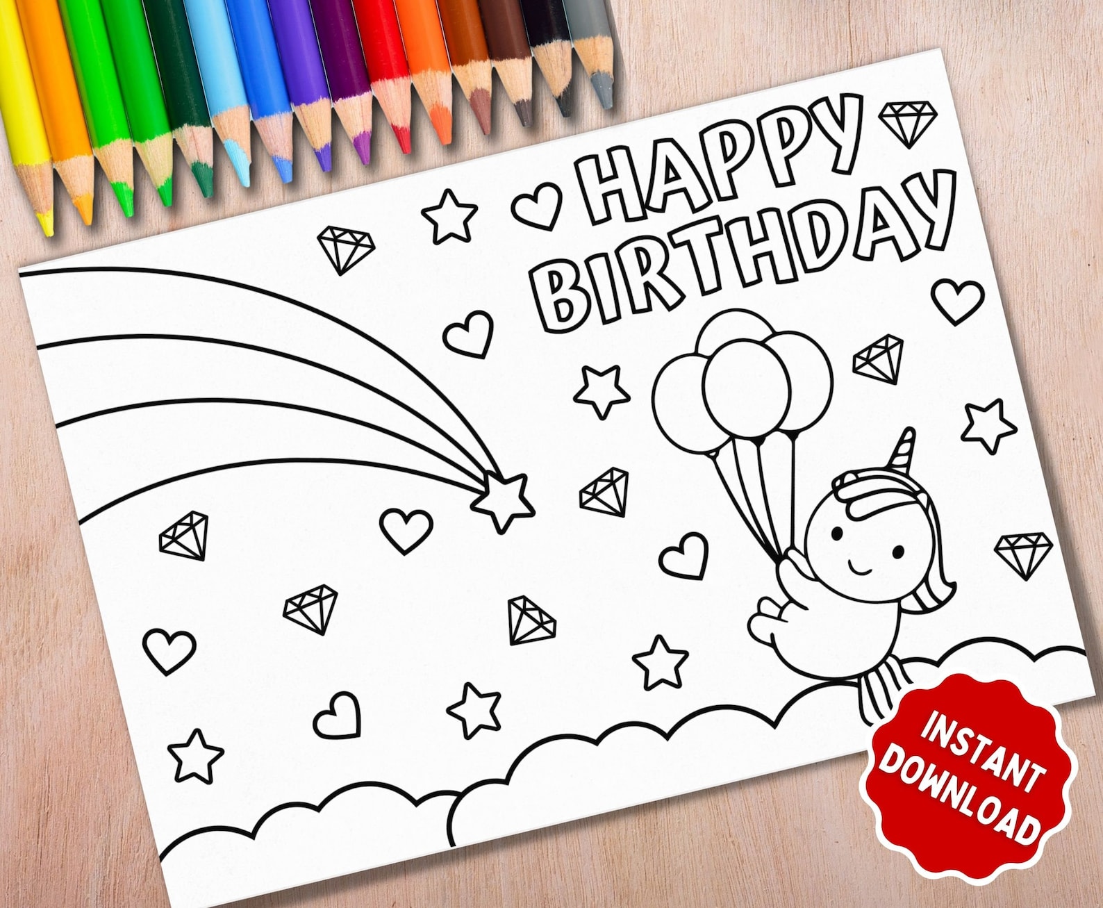 unicorn coloring birthday card printable happy birthday card etsy