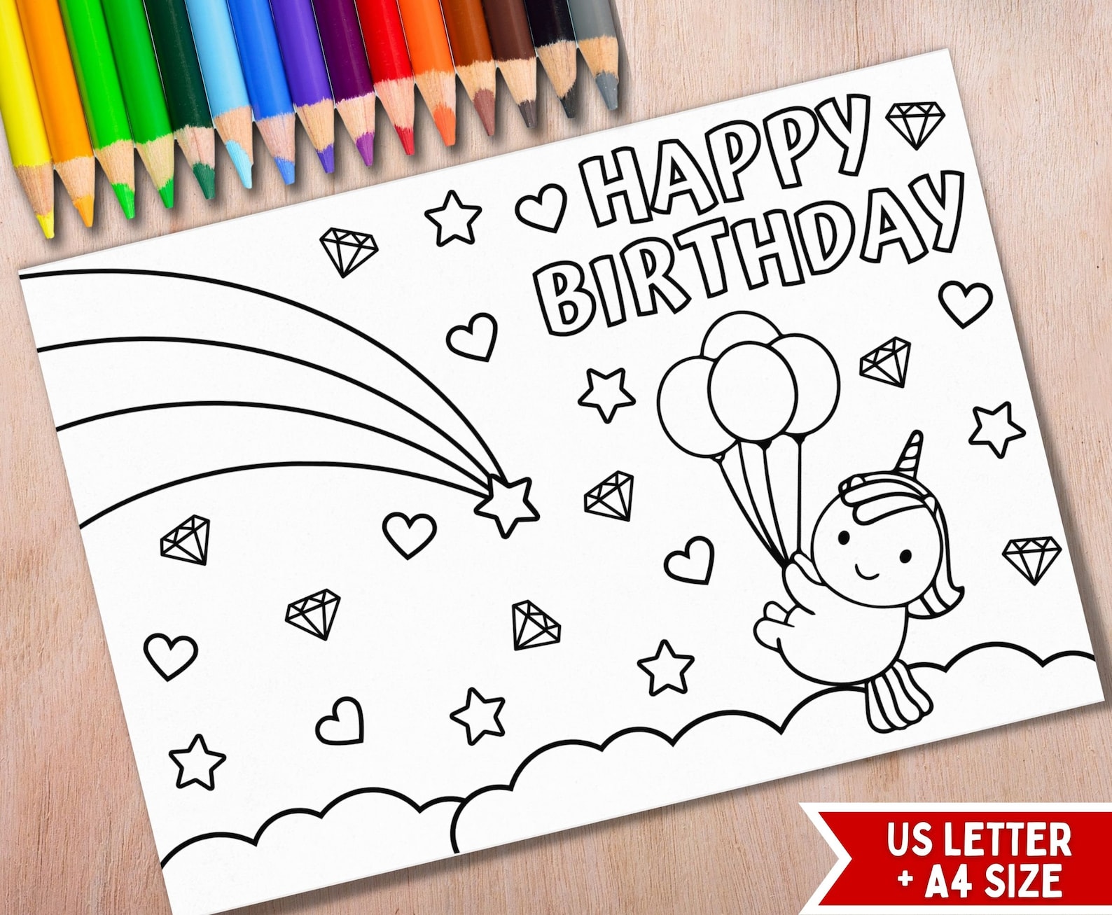 unicorn coloring birthday card printable happy birthday card etsy