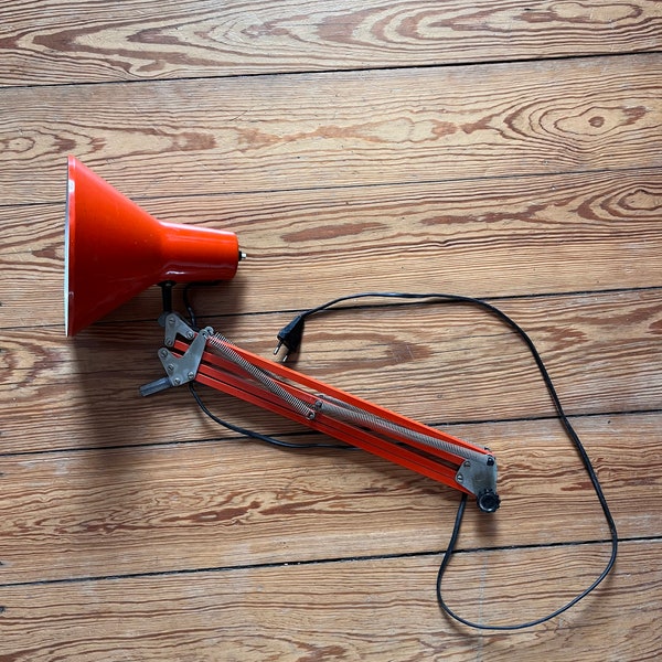 Massive architect lamp, clamp lamp, articulated lamp, desk lamp, vintage retro orange