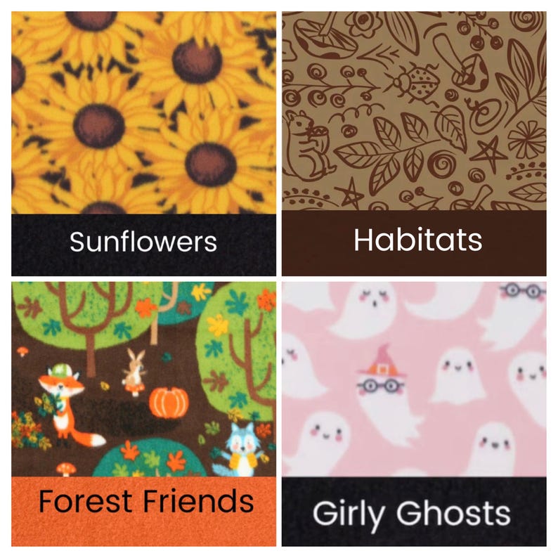 May include: A four-panel grid of fabric swatches. Top left: yellow sunflowers on black. Top right: brown line art of forest elements labeled Habitats. Bottom left: orange, green, and brown forest animals labeled Forest Friends. Bottom right: pink ghosts labeled Girly Ghosts.