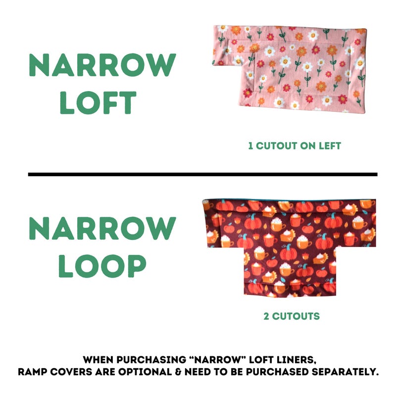 May include: Two narrow loft liners are displayed. The top one is pink with a floral pattern and the text "1 CUTOUT ON LEFT". The bottom one is maroon with a pumpkin and coffee cup pattern and the text "2 CUTOUTS". The text "NARROW LOFT" and "NARROW LOOP" are also present.