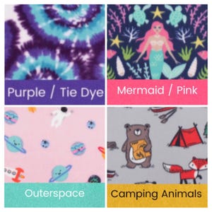 May include: Four fabric swatches with different patterns. Top left: purple tie-dye. Top right: mermaid with pink hair on a navy background. Bottom left: pink outerspace theme. Bottom right: camping animals with a bear and fox.